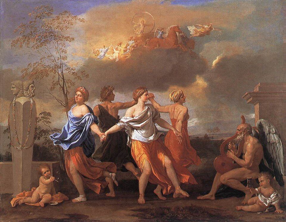 Four figures dance in a ring to music played by winged, bearded Time, while Apollo's chariot crosses the sky above