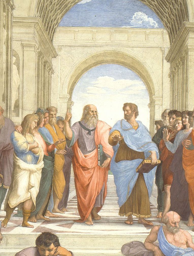 Detail of a fresco: two philosophers walking side by side under a great arch, one pointing up, one gesturing to the ground